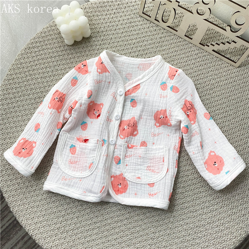 한국식 아동복 면 거즈 곰 스타일 긴팔 코트 봄, 가을 간단한 긴팔 코트 남성과 여성  유행 가디건