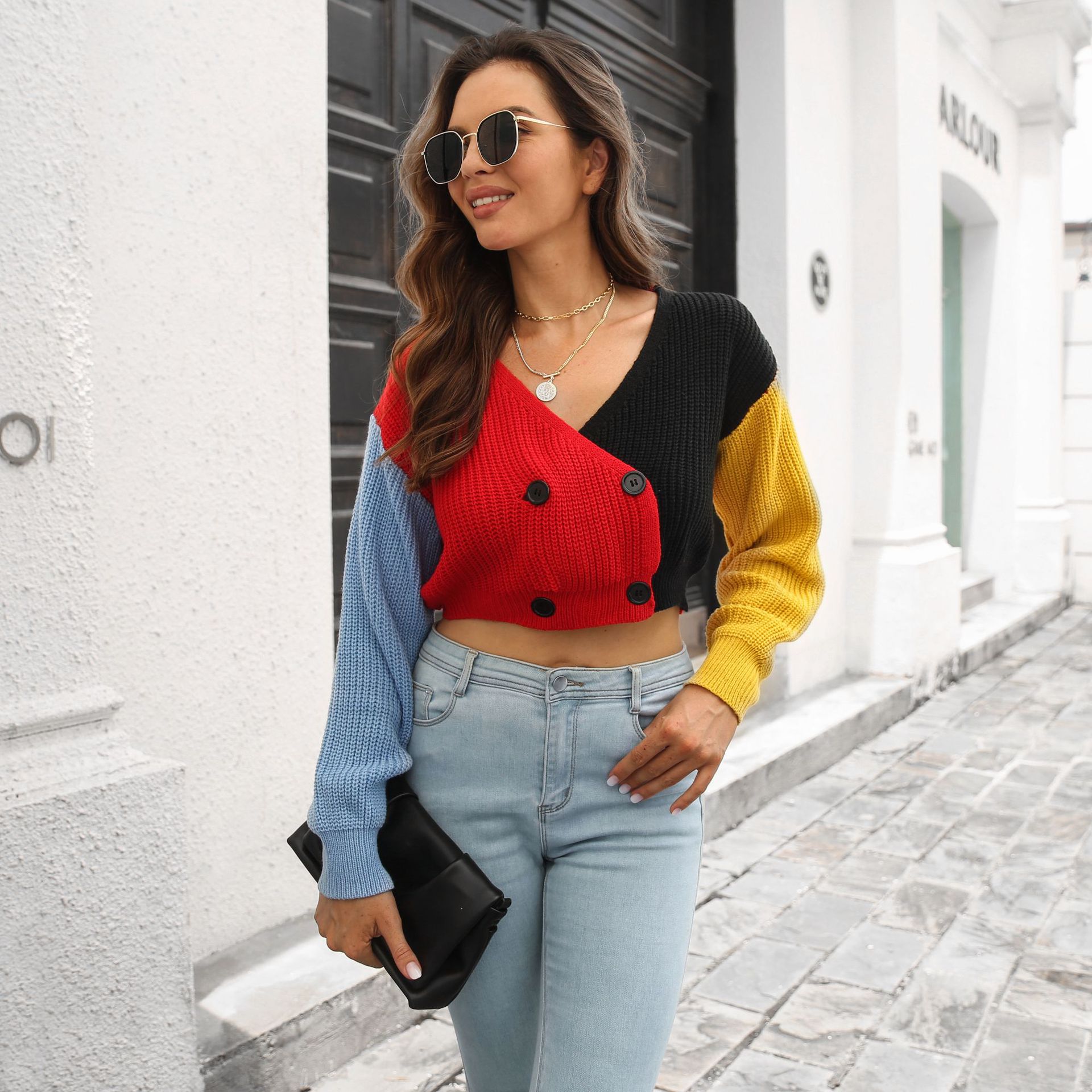 Double Breasted Stitching Contrast Color Knitted Sweater Cardigan Cropped Coat Women Long Sleeve Autumn Winter Women