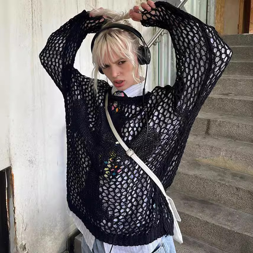 Top de punto estilo europeo y americano 2025, cuello redondo, manga larga, holgado, transparente, retro, sexy, para playa