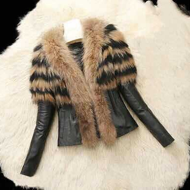 Europe and the United States large size New imitation raccoon fur PU leather women's imitation leather coat S-6XL plus fat