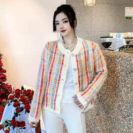 彩虹针织开衫女2022秋新款毛衣外套短款慵懒风条纹长袖上衣速卖通