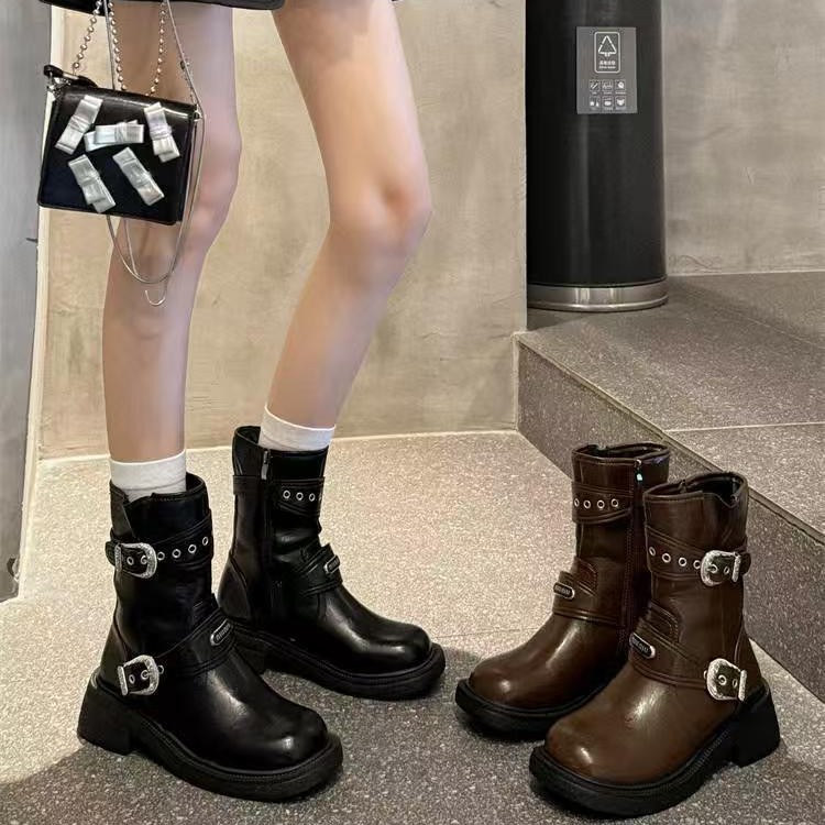 Retro Western Brown Thick Heel Short Boots for Women 2025 New Summer Style with Skirts Super Hot Slimming and Easiest for Match Martin Boots