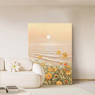 Cream Style Seaside Sunset Flower Sea Living Room Hanging Painting Scandinavian Texture Hand-Painted Oil Painting Restaurant Entrance Decorative Painting