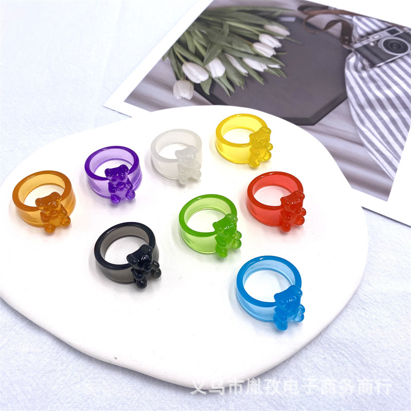 INS estilo europeo y americano Venta caliente colorido dibujos animados tridimensional resina personalidad oso anillo transparente creativo diversión conjunta anillo
