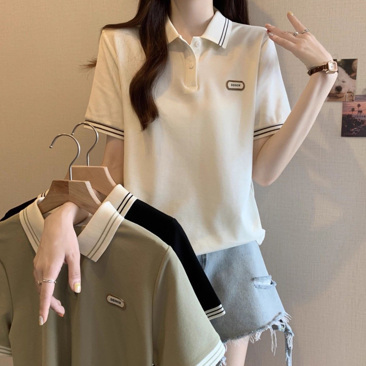 Camiseta suelta de manga corta de verano de talla grande para mujer Gordo mm delgado que cubre los hombros de la carne Estilo universitario de moda Top con cuello Polo image 3