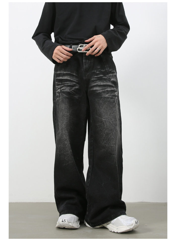 Quần jean nam ống đứng rộng rãi phối mảng giải cấu trúc, denim giặt nước — Đen xám chi tiết 13