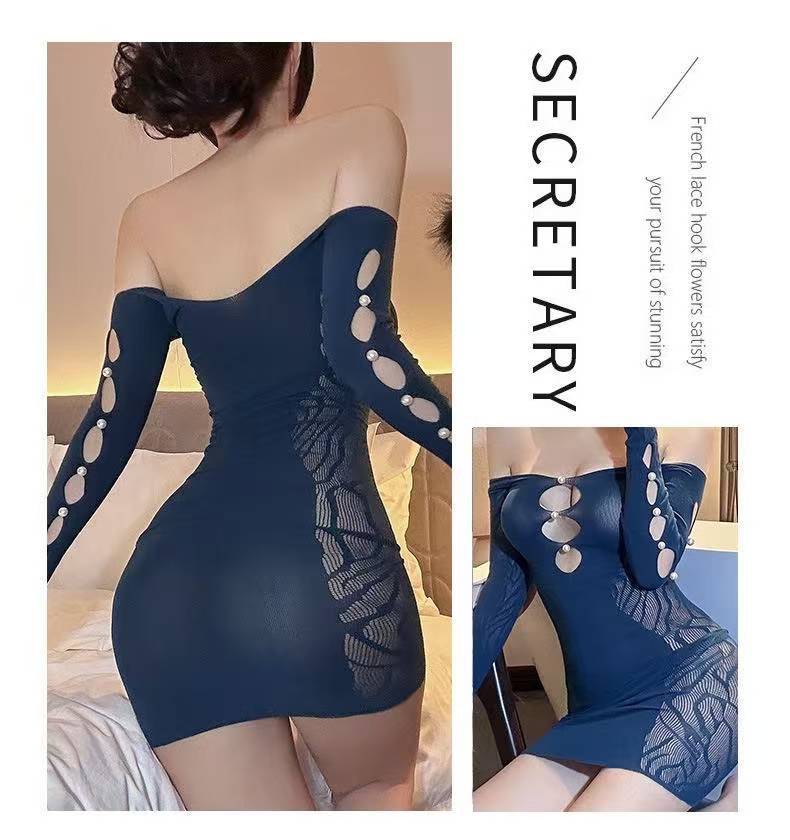 Red Mesh Slim-Fit Dress with Hollow-Out Details and Open Crotch Design, One Size — detail image 4