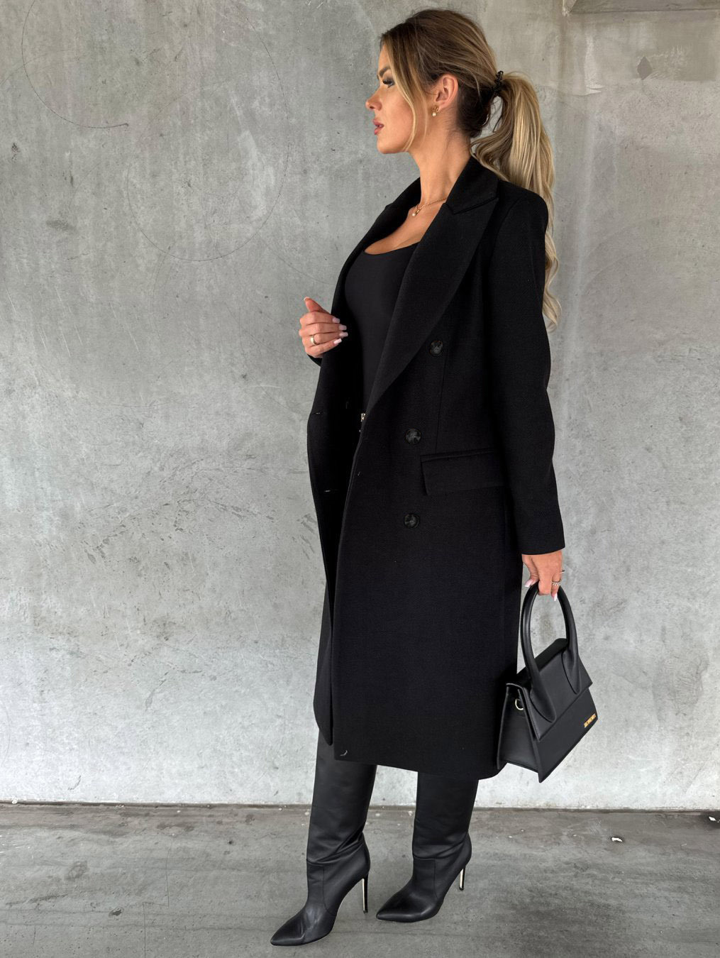 Women's lapel double-breasted H-shaped solid color long-sleeved woolen coat_voghion.com