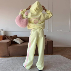 欧美跨境女装2025秋冬新款时尚刺绣长袖卫衣外套阔腿长裤休闲套装