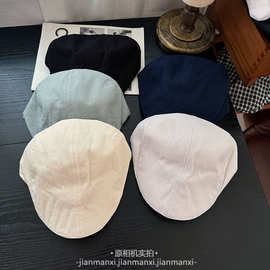 日系简约前进帽古着风鸭舌帽女新款纯色棉麻百搭反戴贝雷帽子男