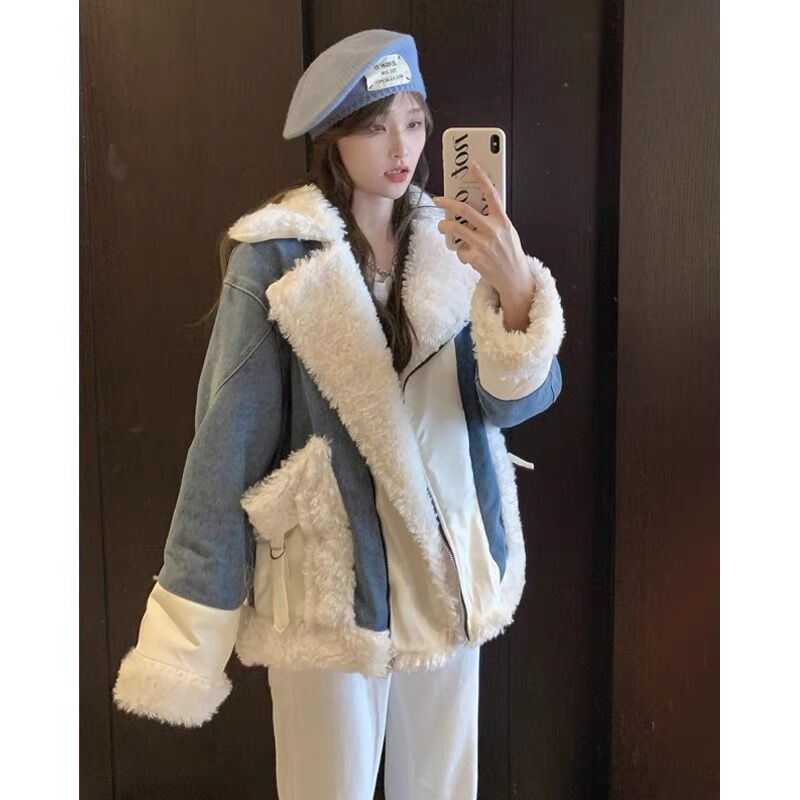 Trendige Winter-Jeansjacke für Damen – Kuscheliger, Fleece-gefütterter, übergroßer Schnitt, stylischer Bombermantel mit Sherpa-Kragen (mehrere Größen und Farben)_voghion.com