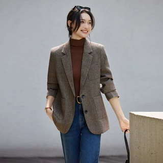 秋冬羊毛通勤西装外套女士新款宽松毛呢西服上衣职业大码气质工装
