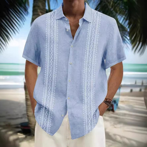 Summer Men 3D Print Short Sleeve Shirt Striped Loose Men's Top Mid-Blue Men's Shirt