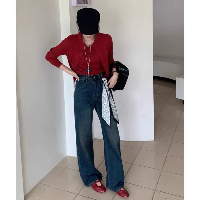 配丝巾复古水洗直筒弹力牛仔裤女秋季宽松洋气潮流时尚显瘦阔腿裤|undefined