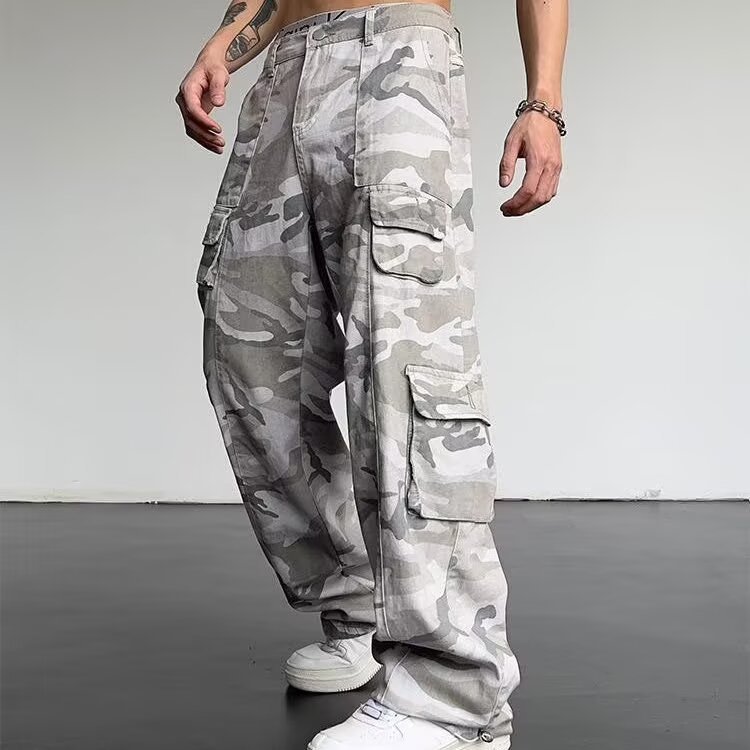American Style vintage Washed Old White Camouflage Casual Pants Men's Spring and Autumn New Wide Leg Loose Overalls