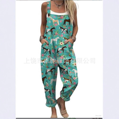 (Round Buckle) Cross-Border Women's Clothing Amazon European and American Summer Digital 3D Printed Button Suspenders Casual Overalls (Round Buckle) Cross-Border Women's Clothing Amazon European and American Summer Digital 3D Printed Button Suspenders Casual Overalls