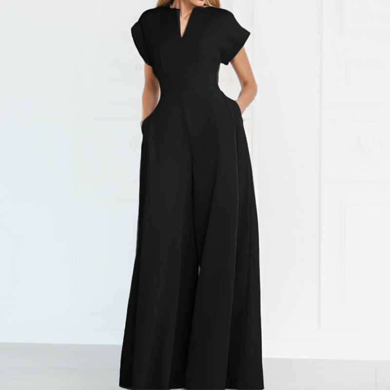 2026 Spring New Style Cross-Border European and American Women's Fashion Elegant V-Neck Solid Color Slim Fit Wide Leg Jumpsuit