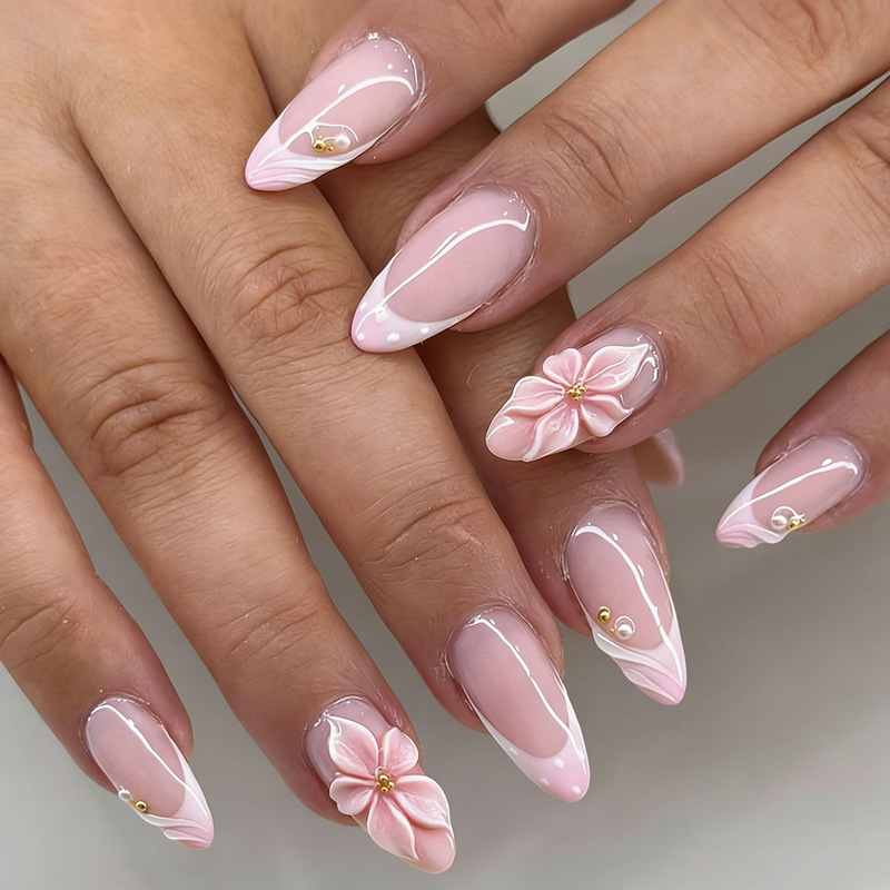Cross-Border 30Pcs 3D Stereo Nude Pink Floral Decoration Gradient Almond Press-On Nails Gentle Sweet Girl Style Manicure Nails Cross-Border 30Pcs 3D Stereo Nude Pink Floral Decoration Gradient Almond Press-On Nails Gentle Sweet Girl Style Manicure Nails