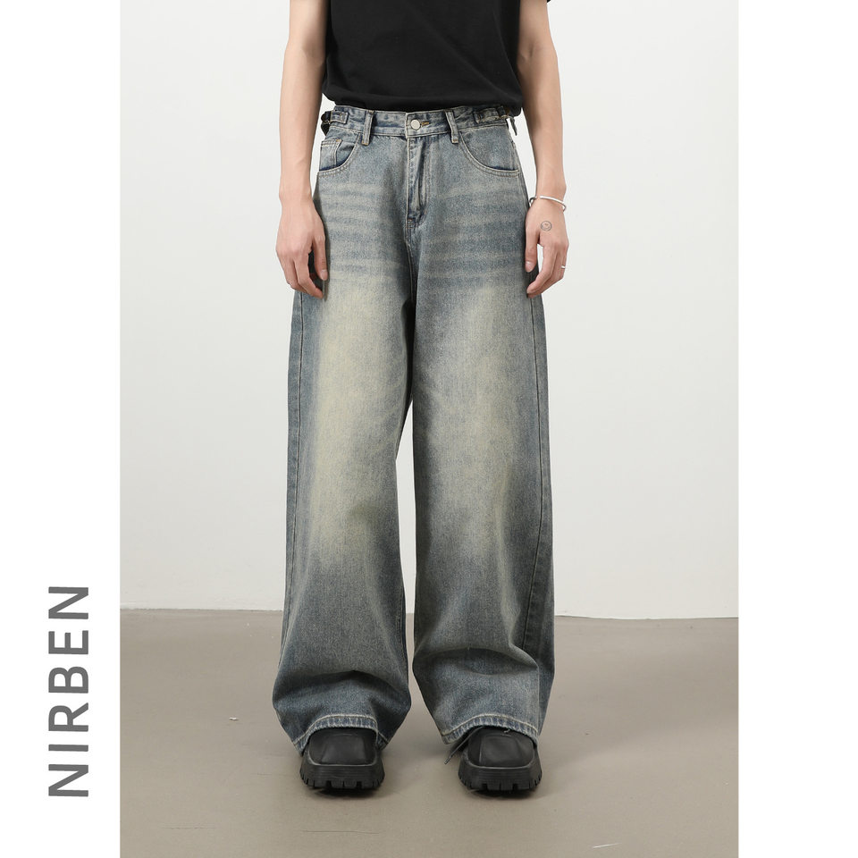 Quần jeans nam ống rộng dáng thẳng phong cách retro, chất denim cotton thoải mái — màu xanh
