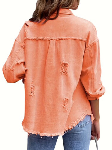 1pc Women's Casual Faux Denim Jacket Midi Length Frayed Cross-border