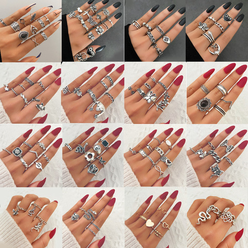Korean jewelry industry AliExpress European and American knuckle rings hot-selling retro exaggerated gemstone combination set ring 16 sets