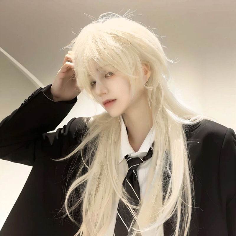 Platinum Wig Wolf Tail Jellyfish Ray Head Long Hair Unisex Natural Artificial Wig Full Head Cover Wholesale Platinum Wig Wolf Tail Jellyfish Ray Head Long Hair Unisex Natural Artificial Wig Full Head Cover Wholesale