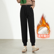 小个子毛呢外穿棉裤女士松紧高腰2023冬季加厚蚕丝棉束脚休闲卫裤