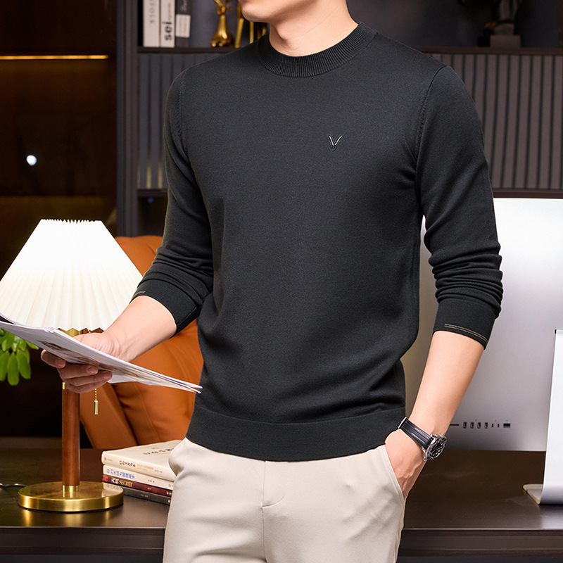 跨境含莱赛尔16针毛衣男2025秋冬新款圆领休闲嵌花打底男士针织衫|undefined
