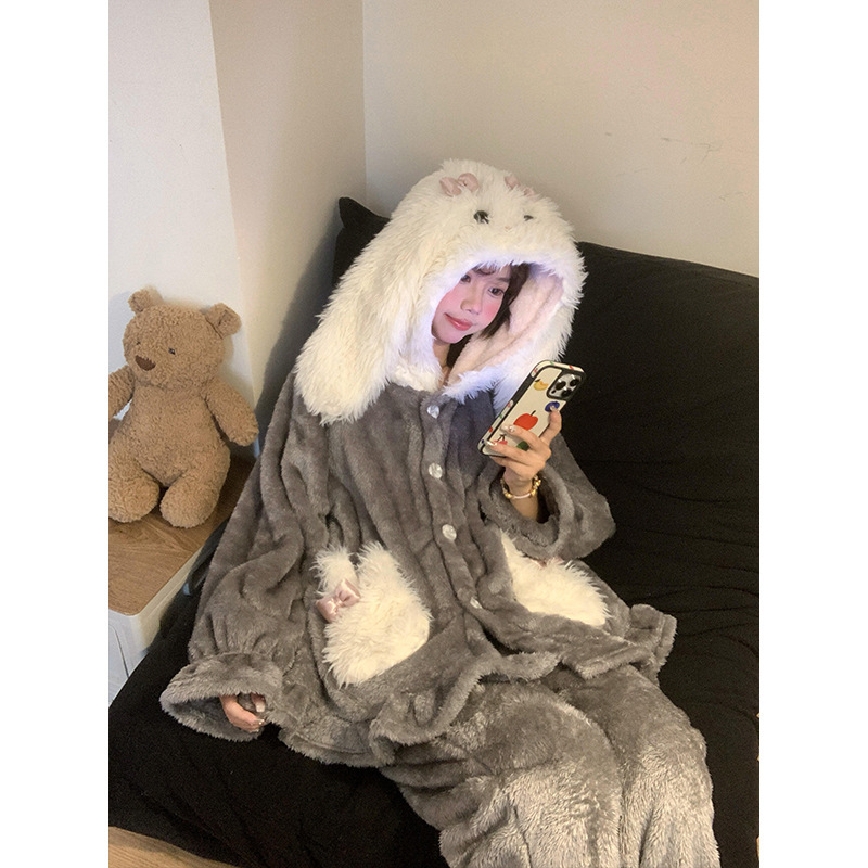 甜美软萌系兔耳朵连帽珊瑚绒睡衣女秋冬季毛绒绒保暖家居服两件套|undefined