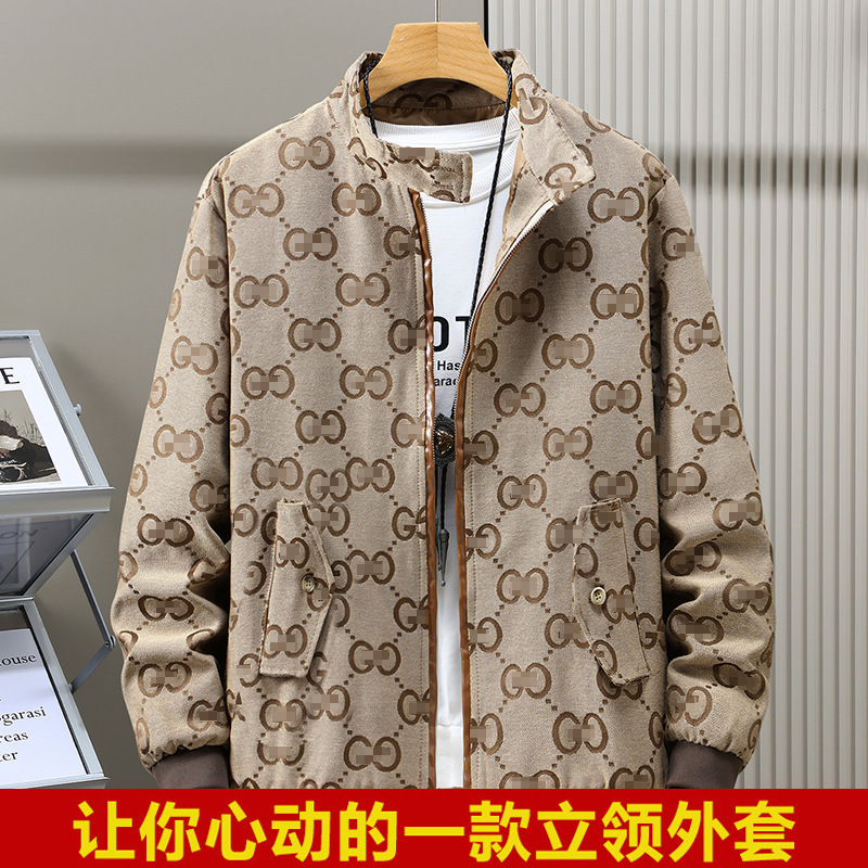 跨境欧版潮牌男装春秋外套韩版潮流提花格子立领夹克男休闲上衣潮