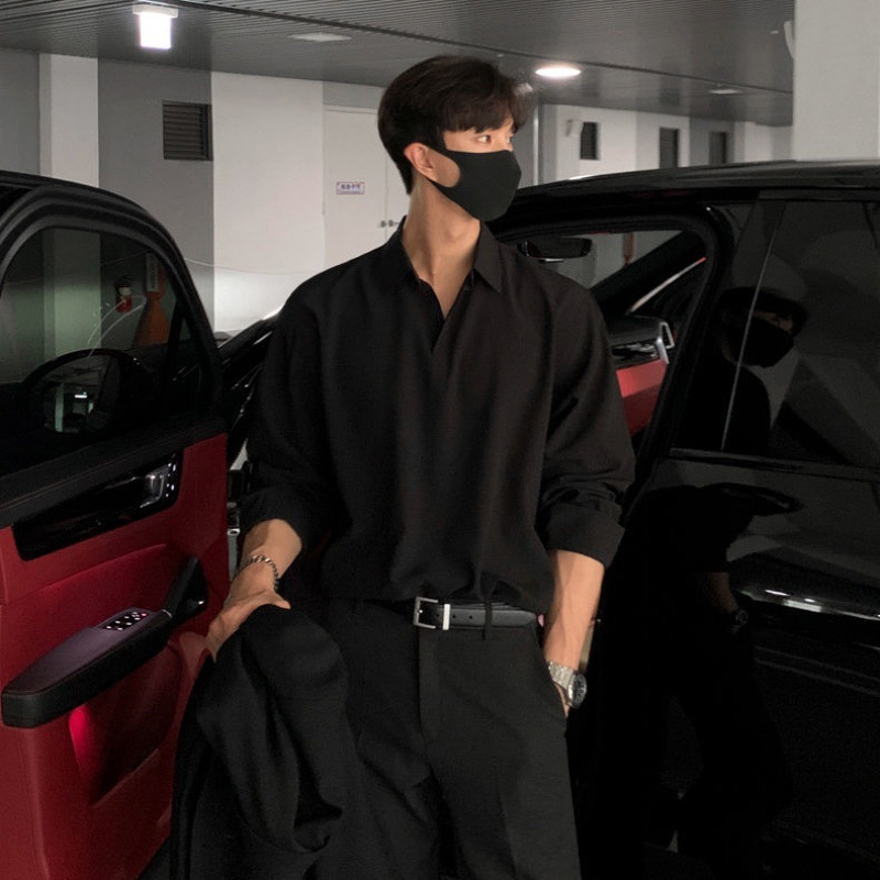 MYQ camisa de manga larga de los hombres de solapa otoño estilo coreano suelta camisa casual superior versátil color sólido camisa casual