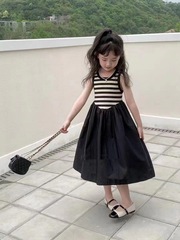 Korean Children's Summer Dress for Girls 2024, Stylish Striped Knit Cardigan Dress for Baby Girls