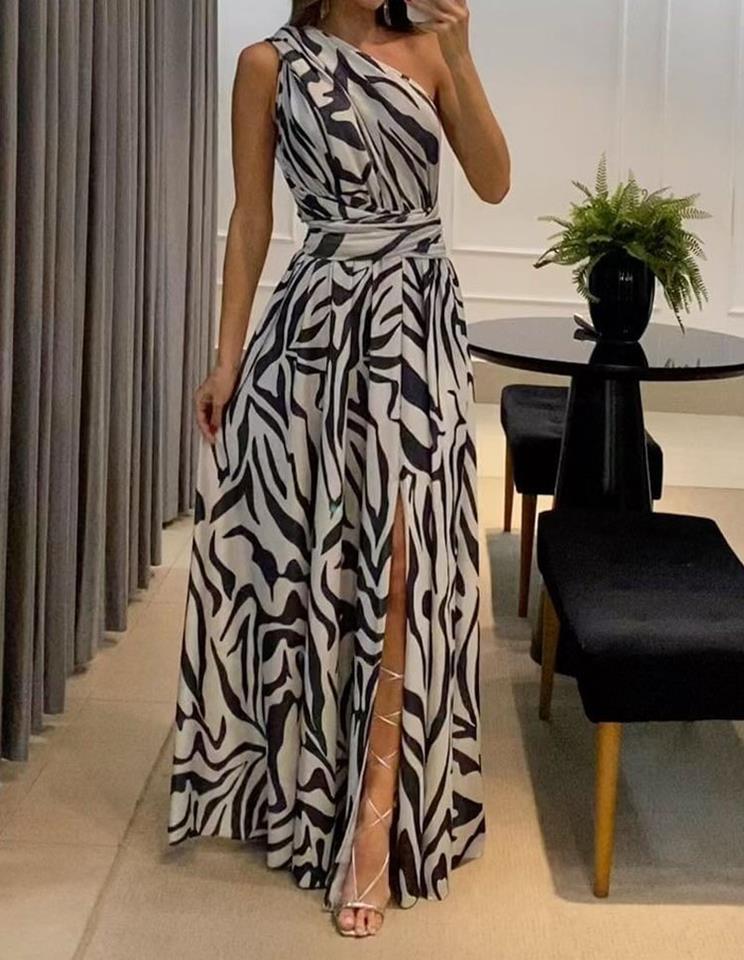 Women's Slit Dress Sexy Oblique Collar Patchwork Sleeveless Printing Maxi Long Dress Banquet display picture 2