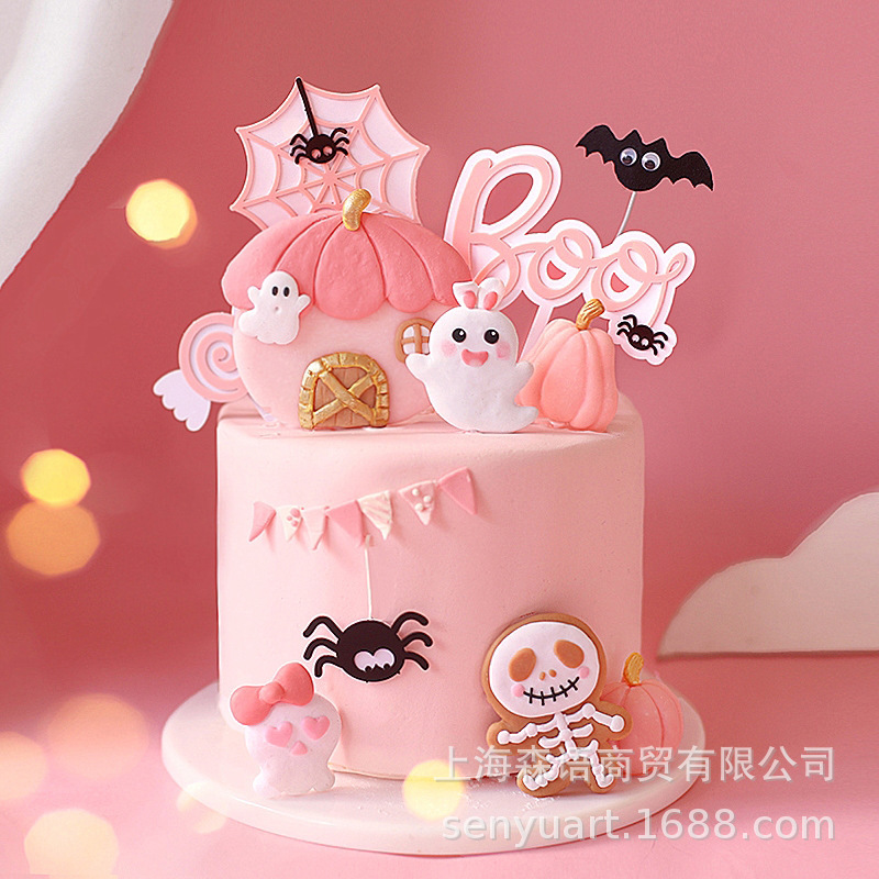 Halloween Private Baking Decoration Pink Bow Skull Pumpkin House Cobweb Dessert Cake Plug-in Halloween Private Baking Decoration Pink Bow Skull Pumpkin House Cobweb Dessert Cake Plug-in