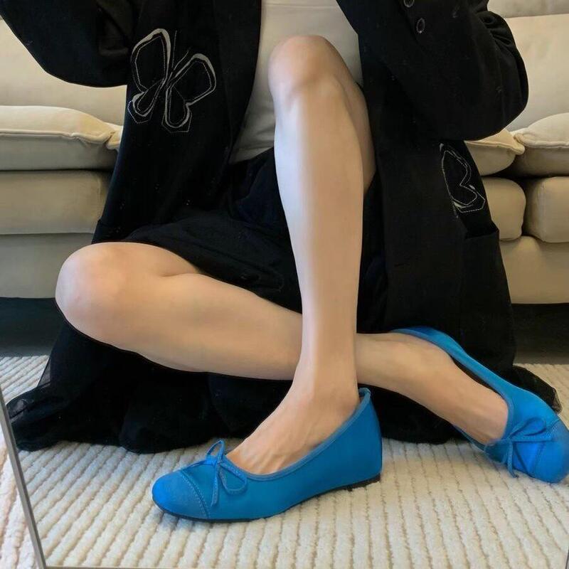 Inner Height-Increasing Chanel-Style Blue Single Shoes for Women, 2026 New Spring and Autumn Fairy Retro Bow Ballet Shoes