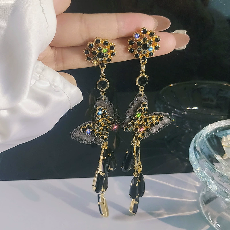 Демисезонные черные серьги с кисточками, модные кристальные серьги, серебряная игла, европейский стиль, образец серебро 925