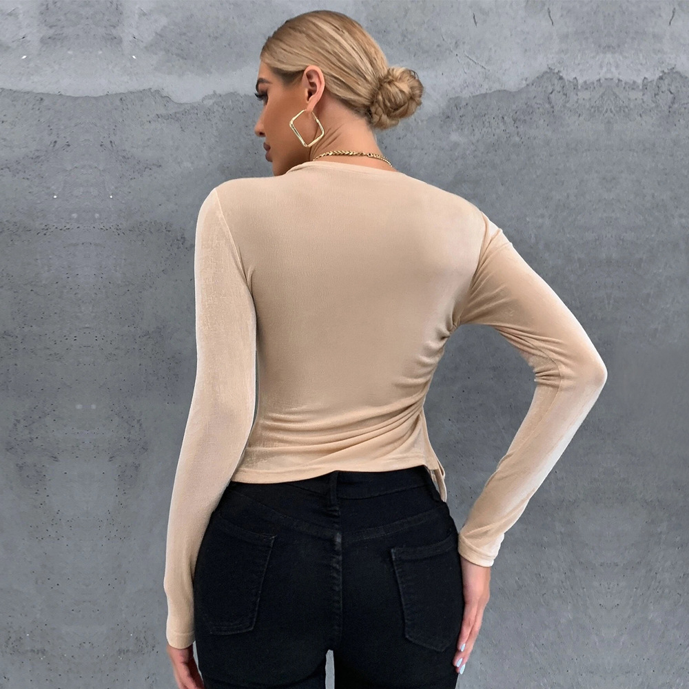 Voya Cross-border European And American 2026 New Style Ruched Slim-fit Round-neck Pullover Glossy Long-sleeve T-shirt Knitted_ecoleips.com
