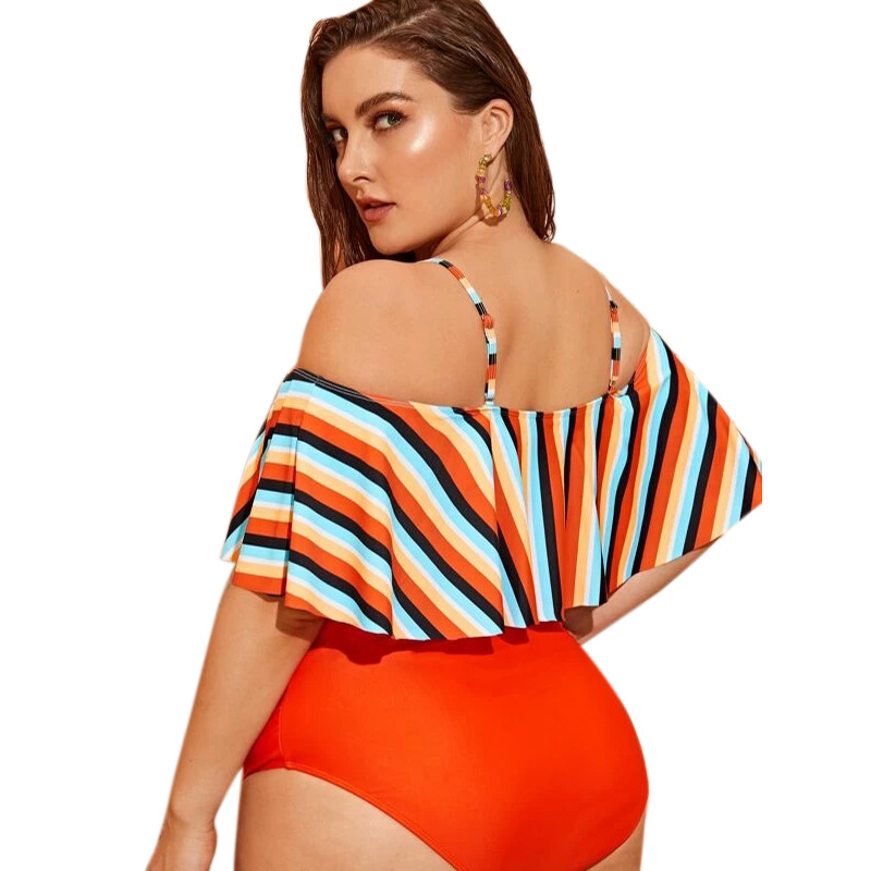 plus size sling lotus leaf high waist striped Tankini two-piece set NSJHD125113