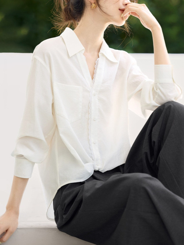 法式温柔优雅气质女士上衣显瘦小衫2025年秋季新款蕾丝长袖白衬衫|undefined