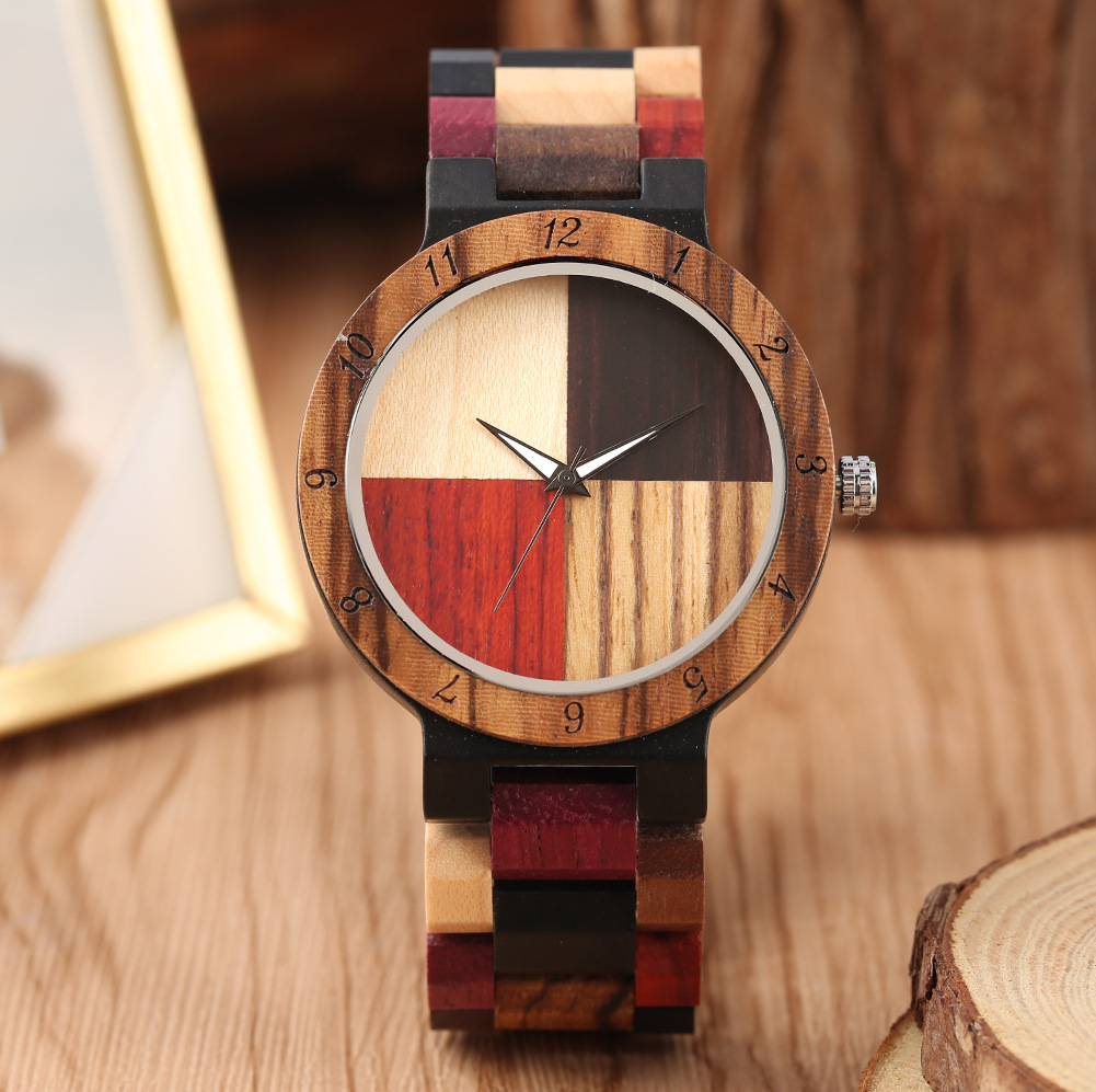 In-Stock, Quick Delivery, New Quartz Movement, Creative Colorful Wood Four-Color Splicing Face, No Scale Wooden Watch, Couple's Watch
