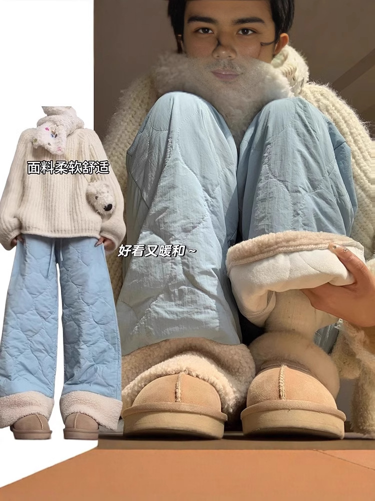 清仓捡漏~专柜撤回外贸蓝色羊羔绒保暖休闲裤女秋冬高腰防寒棉裤