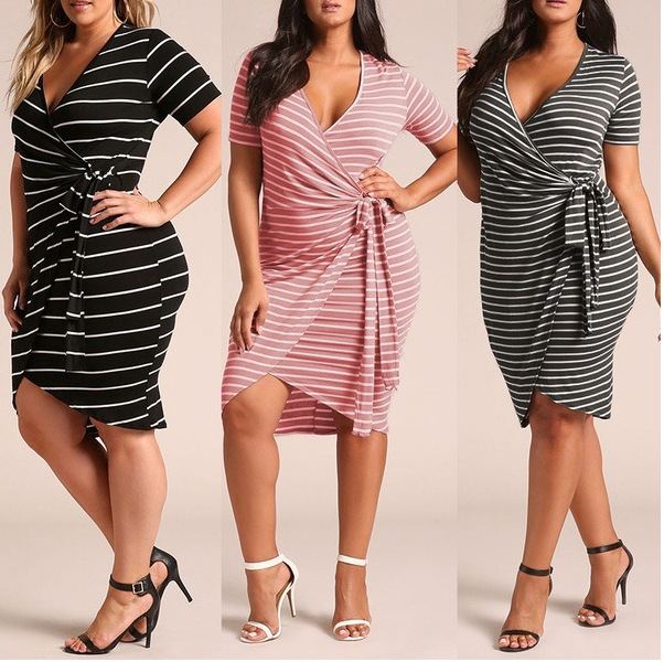 2023 Plus Size Women Women Fashion Striped Asymmetrical V-Neck Wrap Summer Dress Mini Dress 2023 Plus Size Women Women Fashion Striped Asymmetrical V-Neck Wrap Summer Dress Mini Dress