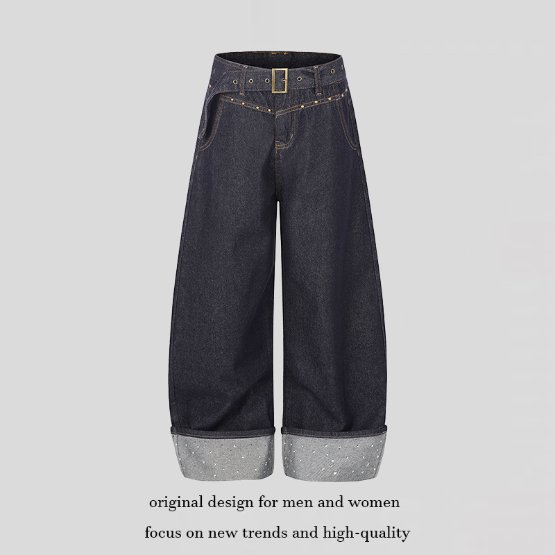 American Retro Style Cuffed Rhinestone Raw Denim Curved Jeans for Men and Women, New Summer Style, Washed Loose Fit Versatile Wide-Leg Pants American Retro Style Cuffed Rhinestone Raw Denim Curved Jeans for Men and Women, New Summer Style, Washed Loose Fit Versatile Wide-Leg Pants