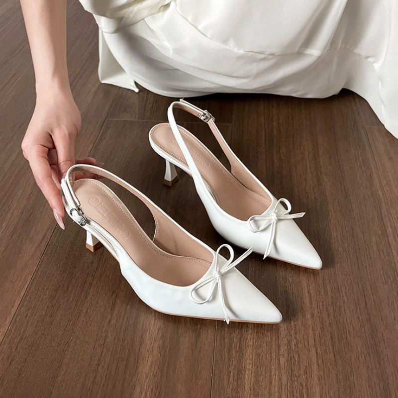 Женские босоножки-стилето с заостренным носком и открытой пяткой, весна 2025, новый элегантный сексуальный французский стиль, высокие каблуки с ремешком на щиколотке.