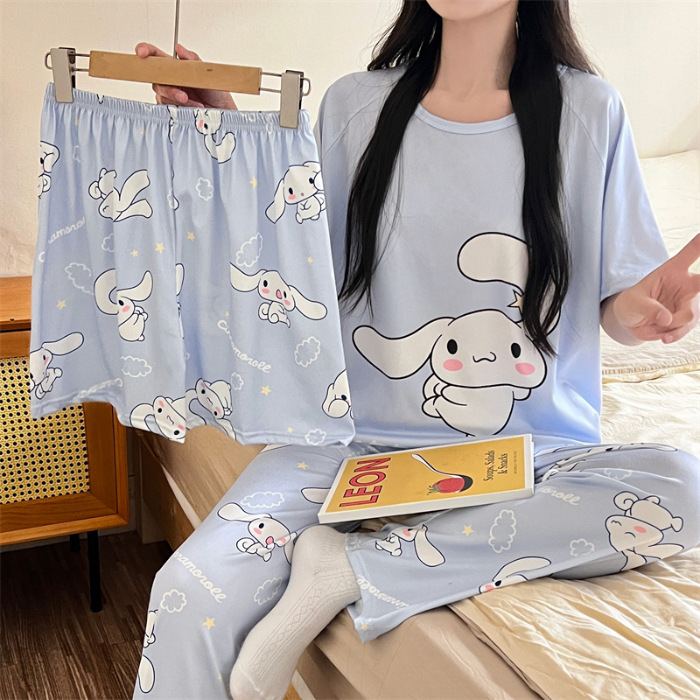 2024 verano vestido de pijama de mujer casual cómodo lindos pantalones cortos de manga corta largo conjunto de tres piezas impresión de dibujos animados ropa para el hogar