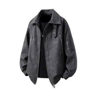 European and American Style 2025 Men's New White Tie-Dye Distressed Fabric Double Zipper Large Pocket Couple Leather Jacket Men