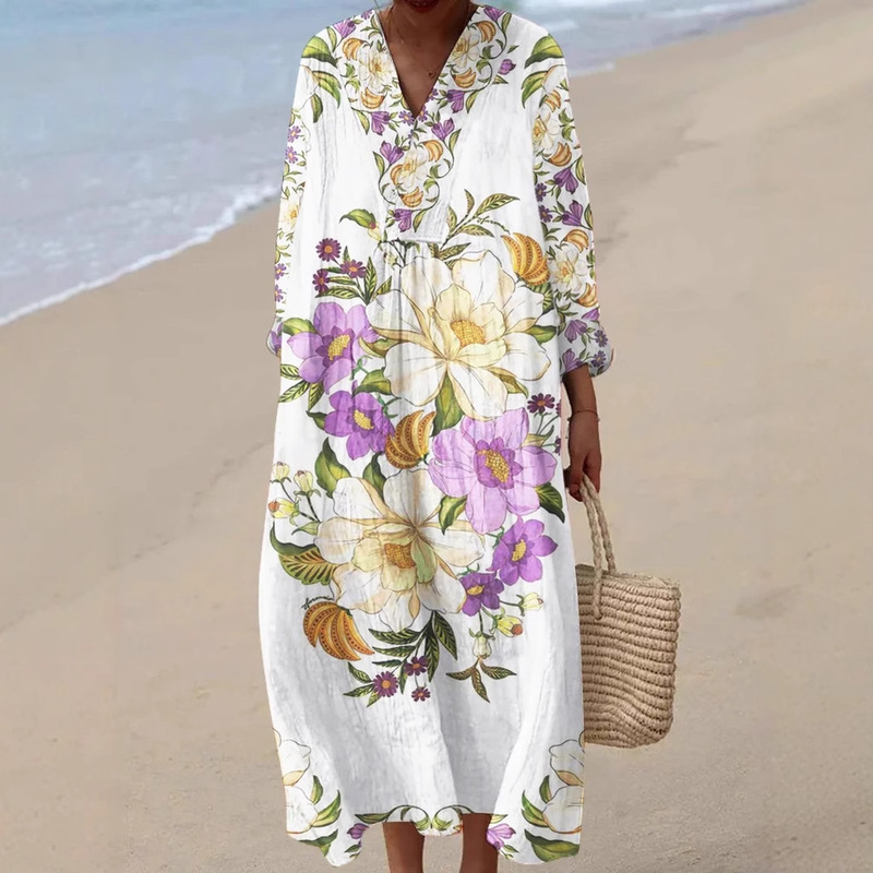 Cross-Border Independent Station Amazon E023 Long-Sleeved Shirt Dress Women's Casual Floral 3D Printed Sleeve Long Skirt