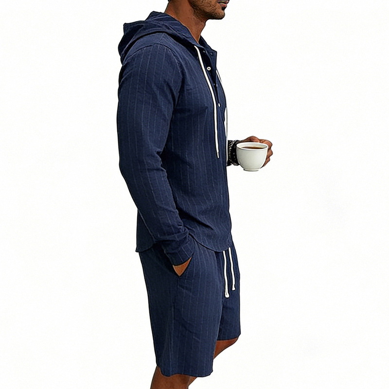 Men's Linen Long Sleeve Hooded Henley Shirt With Shorts Set, Jacquard Vertical Stripe Pattern, Relaxed Fit For Summer Commute And Casual Wear_viptrois.com