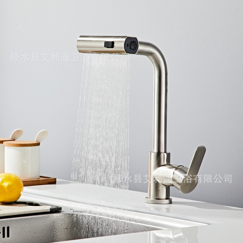 Cocina de extracción tipo agua de lluvia volante grifo fregadero de acero inoxidable lavabo de verduras mezcla de agua caliente y fría retráctil agujero único transfronterizo mayorista