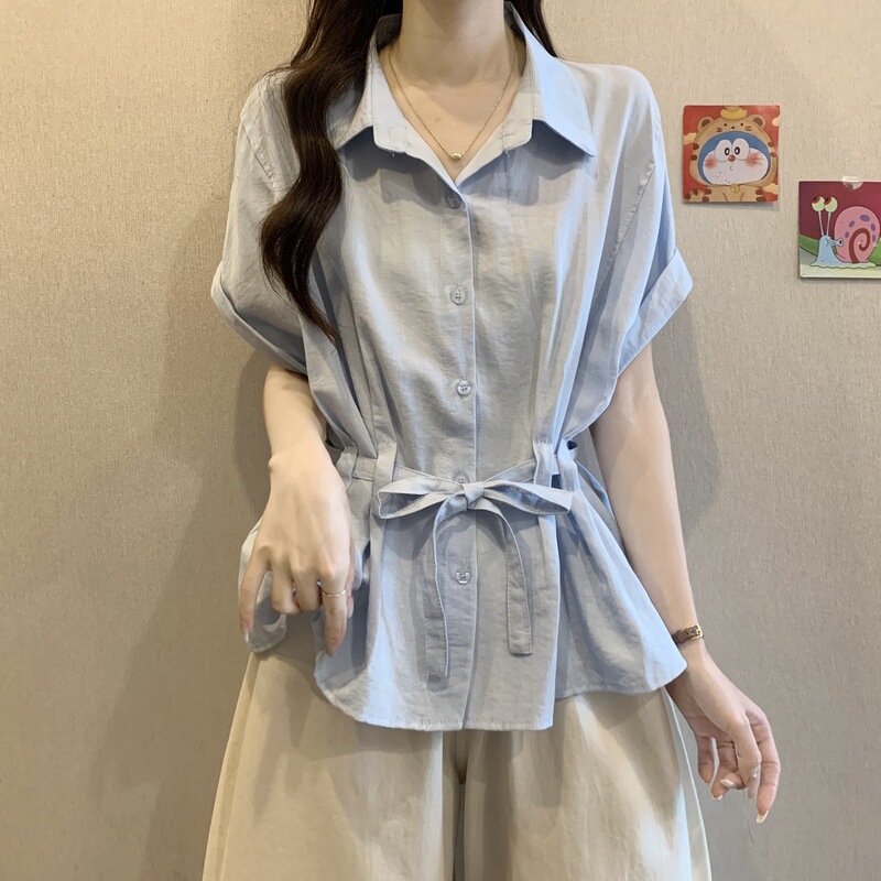 Polo Collar Short-Sleeve Base Shirt for Women, Summer 2025, Plus Size, Flattering Design That Hides the Belly, with Tie Waist